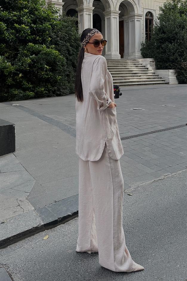 Elastic Waist Unlined Casual Jacket and Trouser Set IVORY 7910-TK