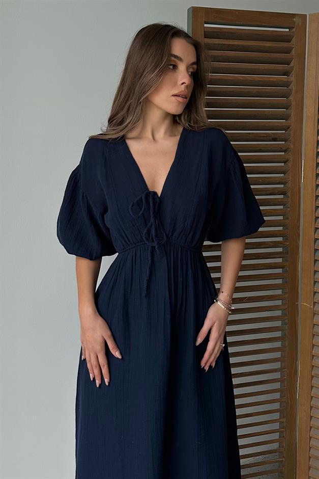 Half Sleeve Muslin Dress with Elastic Waist Lace Detail NAVY 9331-E