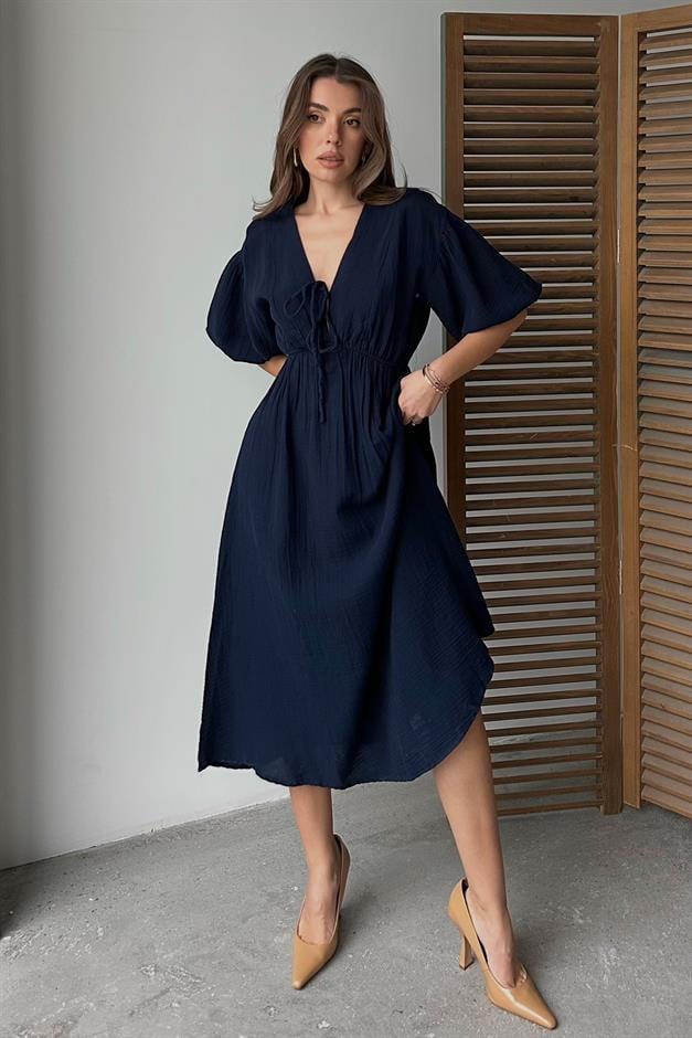 Half Sleeve Muslin Dress with Elastic Waist Lace Detail NAVY 9331-E