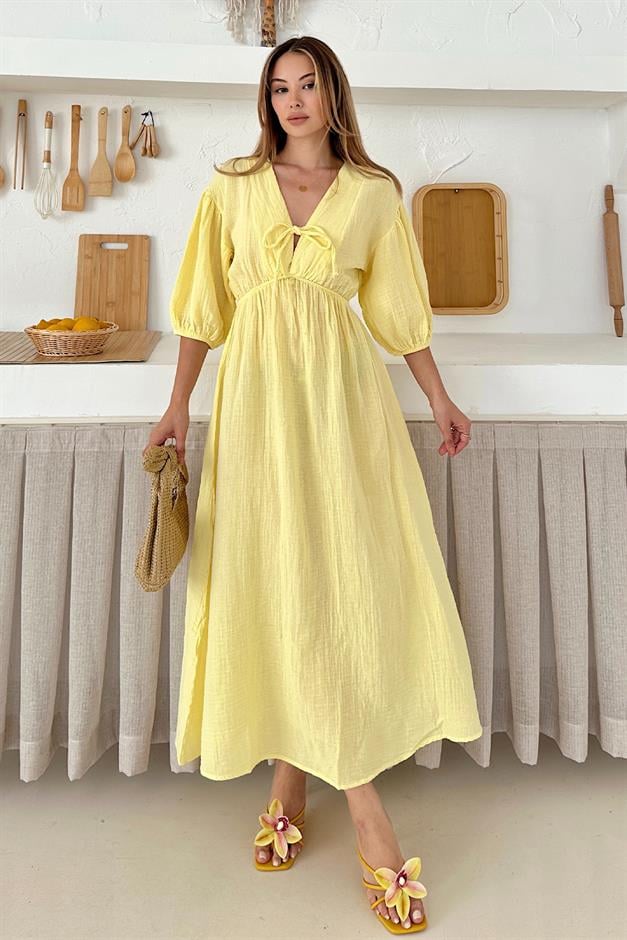 Half Sleeve Muslin Dress with Elastic Waist Lace Detail SARI 9331-E