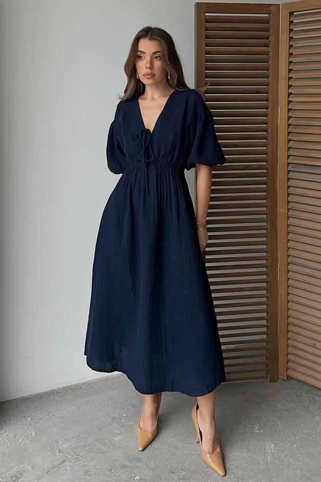 Half Sleeve Muslin Dress with Elastic Waist Lace Detail NAVY 9331-E