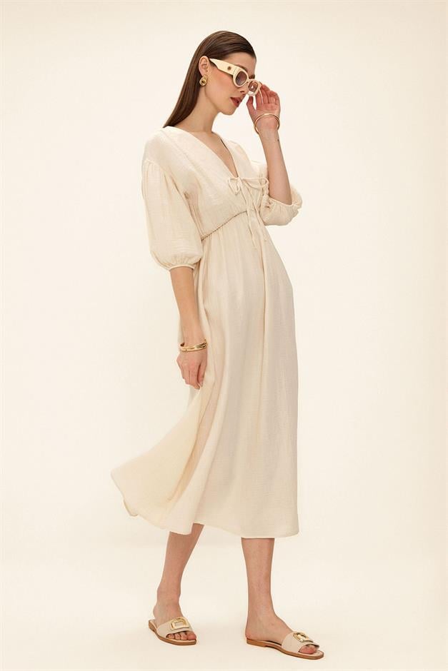 Half Sleeve Muslin Dress with Elastic Waist Lace Detail IVORY 9331-E