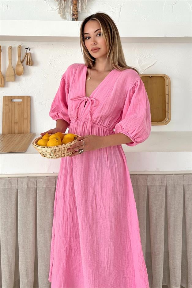 Half Sleeve Muslin Dress with Elastic Waist Lace Detail HORNS 9331-E