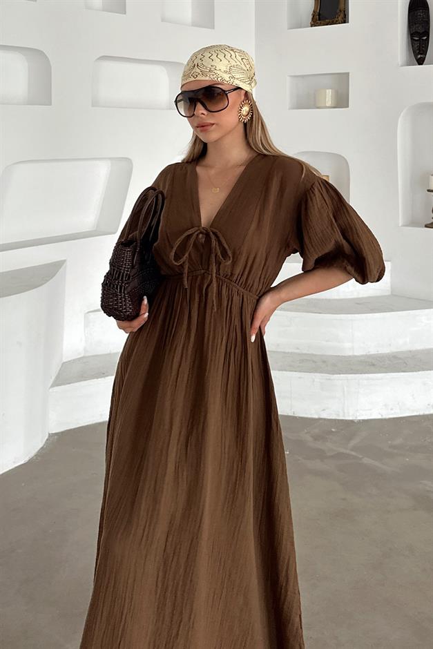 Half Sleeve Muslin Dress with Elastic Waist Lace Detail COFFEE 9331-E