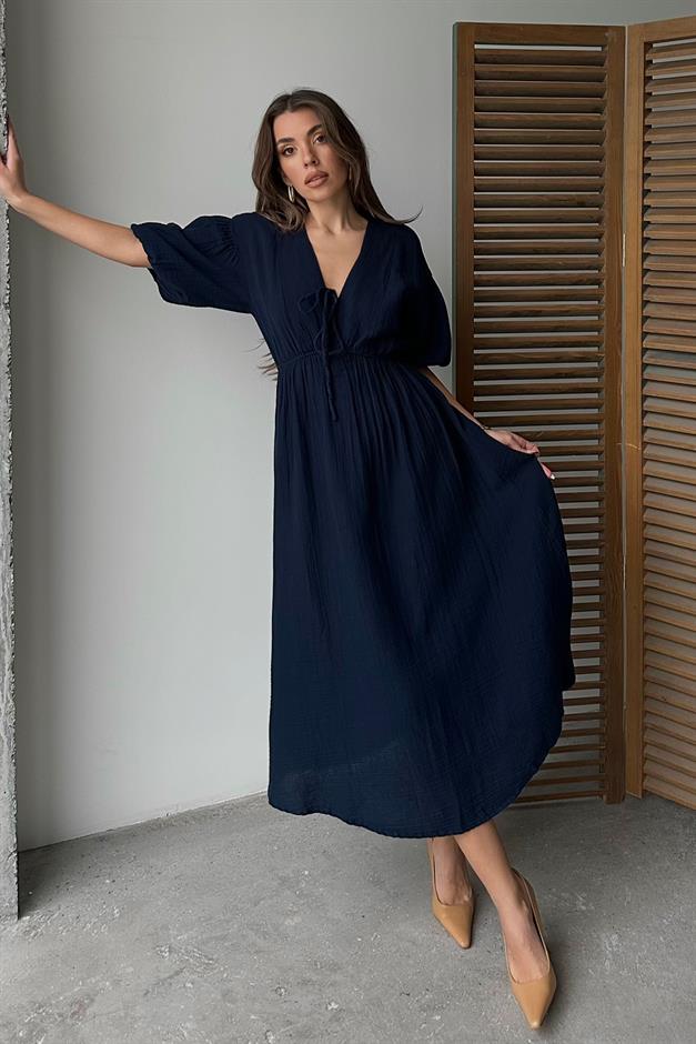Half Sleeve Muslin Dress with Elastic Waist Lace Detail NAVY 9331-E