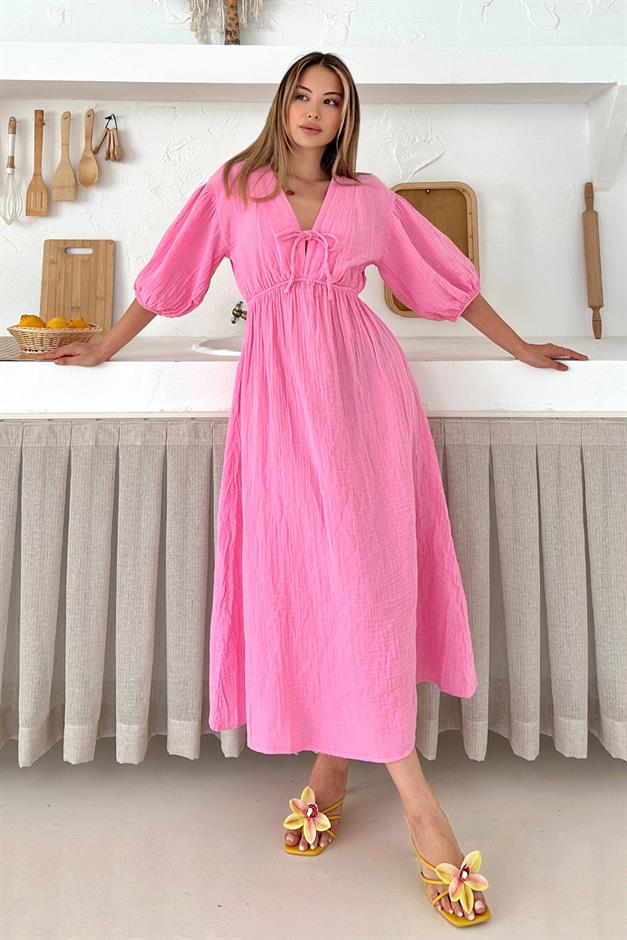 Half Sleeve Muslin Dress with Elastic Waist Lace Detail HORNS 9331-E