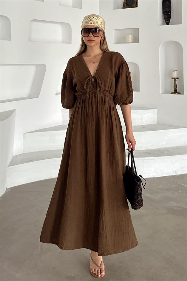 Half Sleeve Muslin Dress with Elastic Waist Lace Detail COFFEE 9331-E