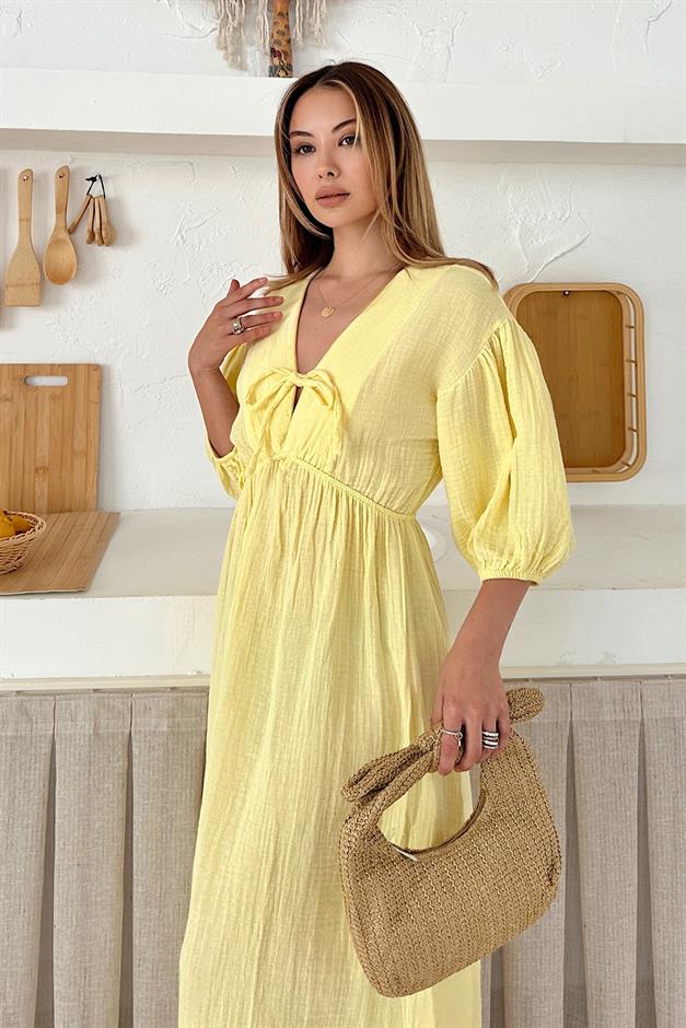 Half Sleeve Muslin Dress with Elastic Waist Lace Detail SARI 9331-E