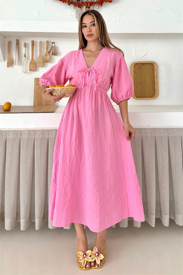 Beli Lastikli Bağcık Detaylı Yarım Kol Müslin Elbise PEMBE 9331-E