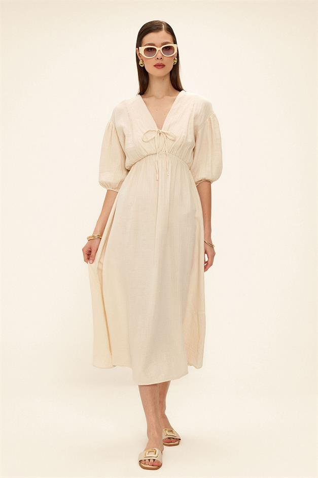 Half Sleeve Muslin Dress with Elastic Waist Lace Detail IVORY 9331-E