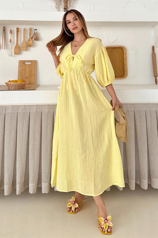 Half Sleeve Muslin Dress with Elastic Waist Lace Detail SARI 9331-E