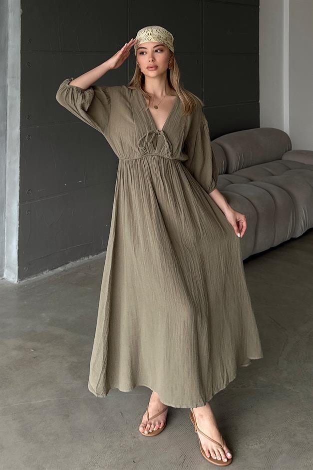 Half Sleeve Muslin Dress with Elastic Waist Lace Detail DRAB 9331-E