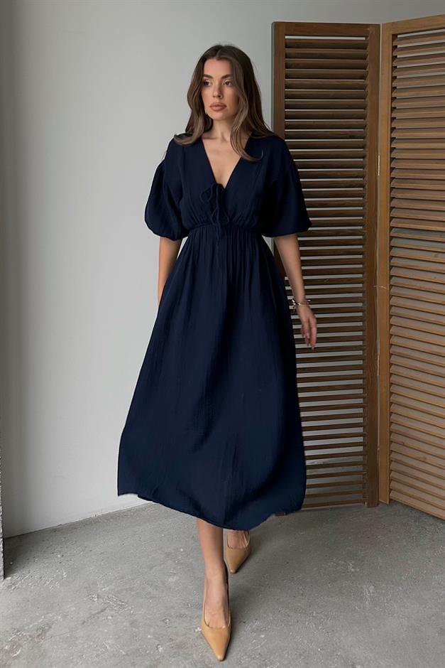 Half Sleeve Muslin Dress with Elastic Waist Lace Detail NAVY 9331-E