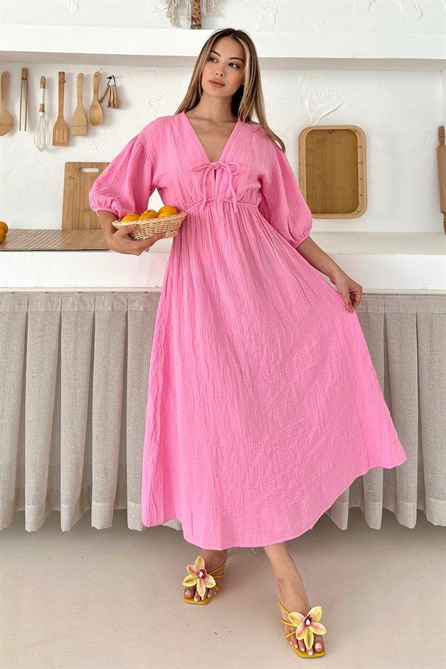 Beli Lastikli Bağcık Detaylı Yarım Kol Müslin Elbise PEMBE 9331-E