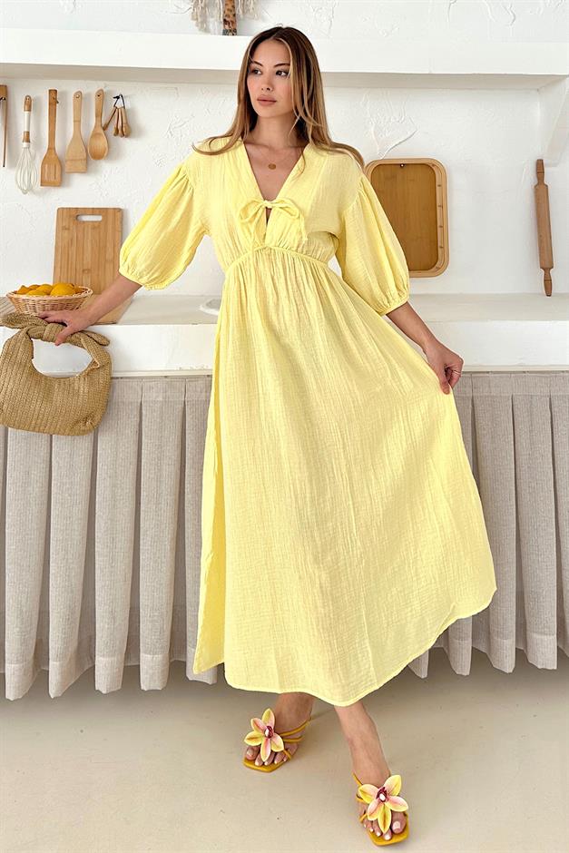 Half Sleeve Muslin Dress with Elastic Waist Lace Detail SARI 9331-E