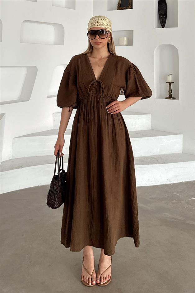 Half Sleeve Muslin Dress with Elastic Waist Lace Detail COFFEE 9331-E