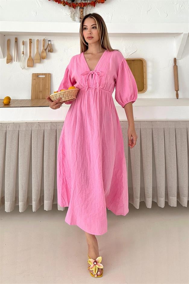 Half Sleeve Muslin Dress with Elastic Waist Lace Detail HORNS 9331-E