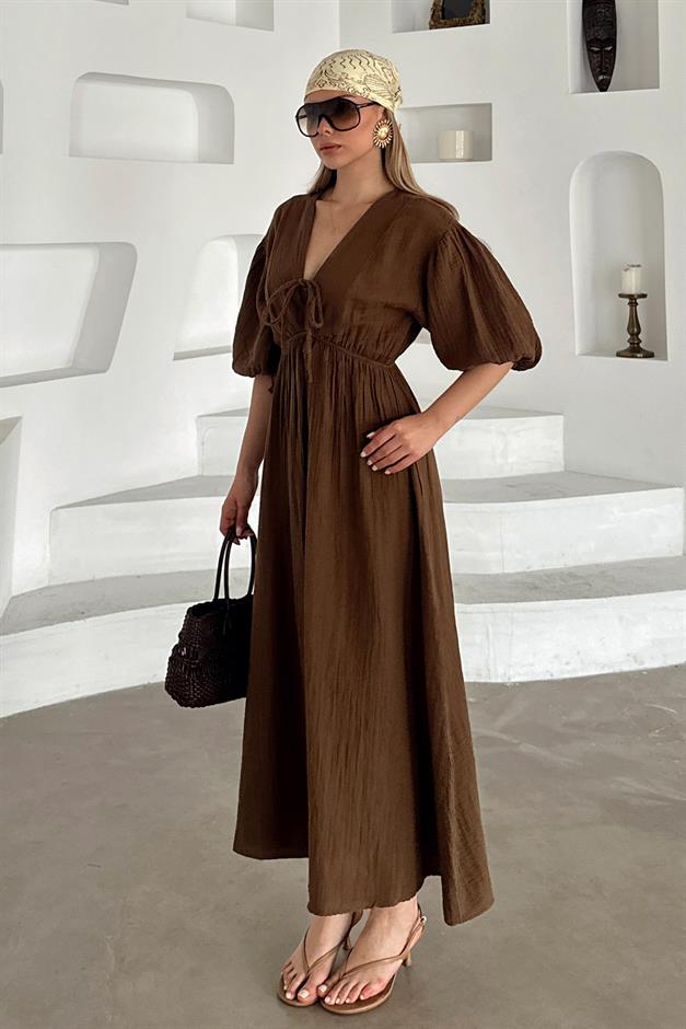 Half Sleeve Muslin Dress with Elastic Waist Lace Detail COFFEE 9331-E