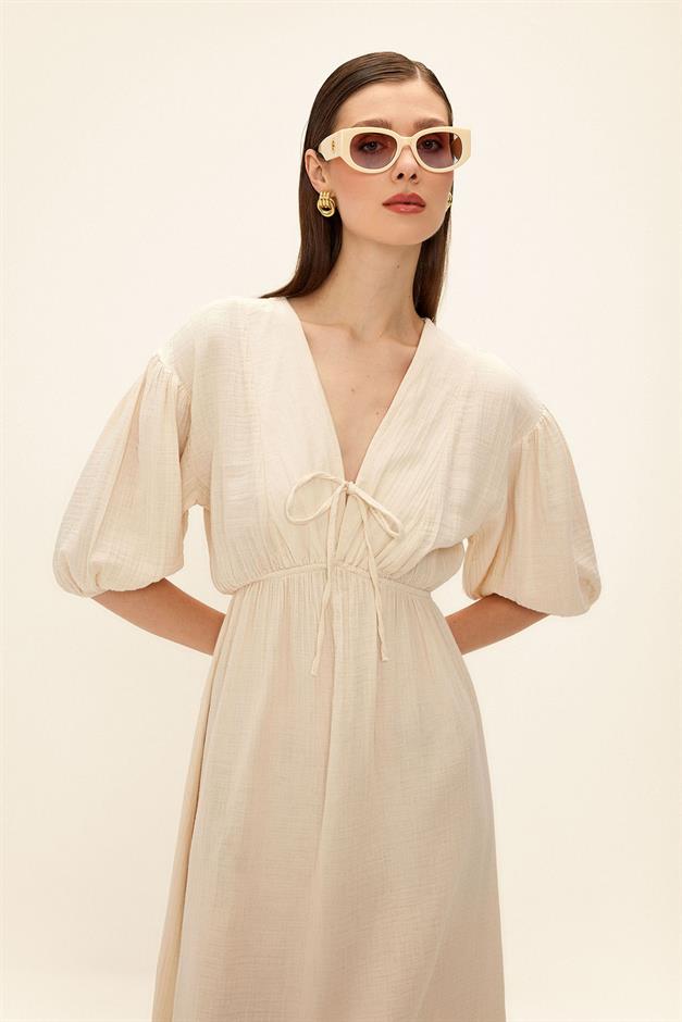 Half Sleeve Muslin Dress with Elastic Waist Lace Detail IVORY 9331-E