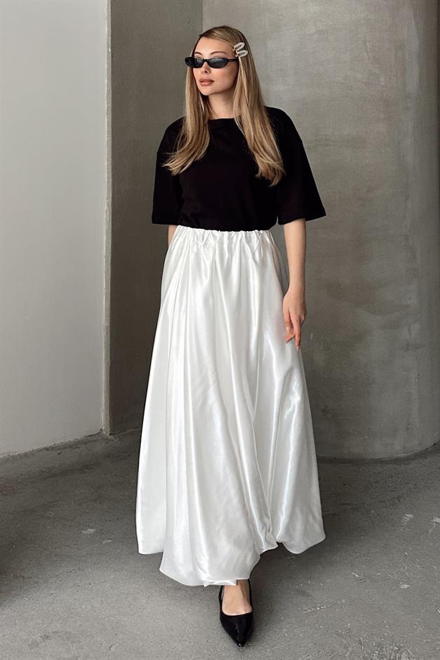 Elastic Waist Balloon Satin Skirt WHITE 7058