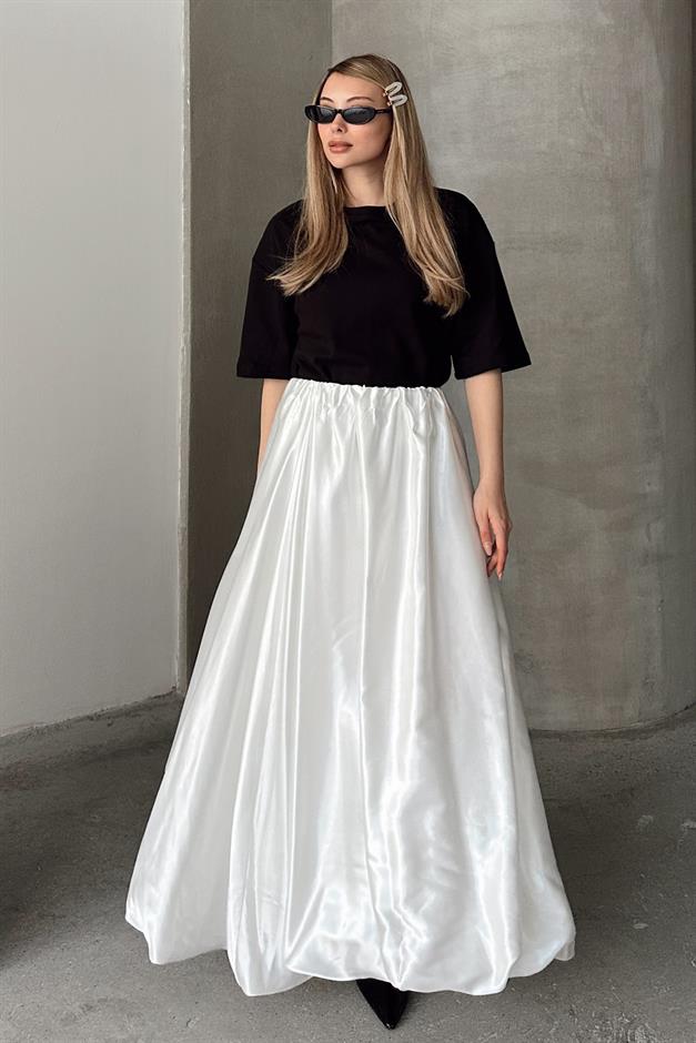 Elastic Waist Balloon Satin Skirt WHITE 7058