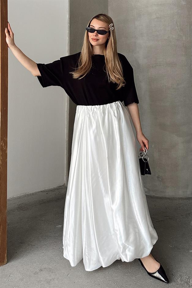 Elastic Waist Balloon Satin Skirt WHITE 7058