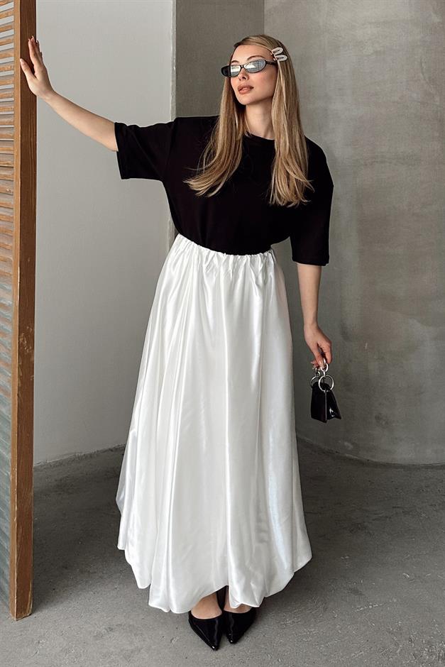 Elastic Waist Balloon Satin Skirt WHITE 7058