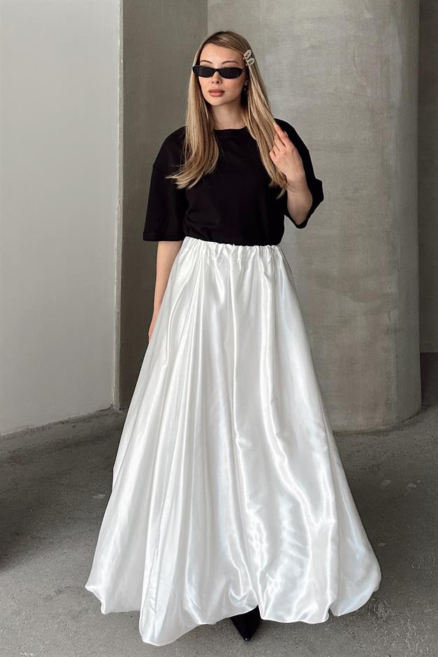 Elastic Waist Balloon Satin Skirt WHITE 7058