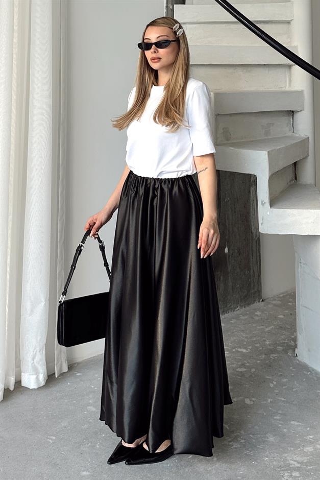 Elastic Waist Balloon Satin Skirt BLACK 7058