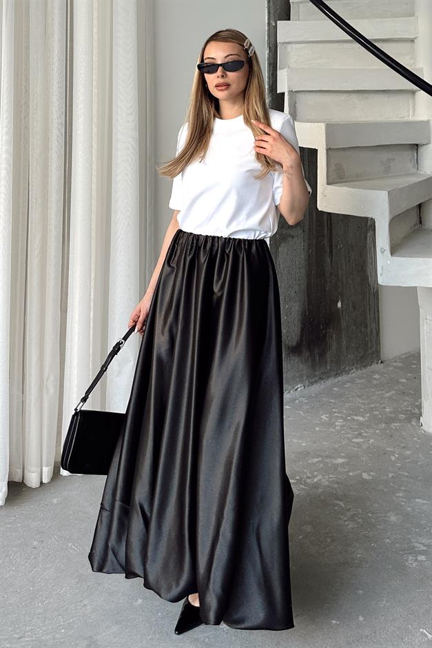 Elastic Waist Balloon Satin Skirt BLACK 7058