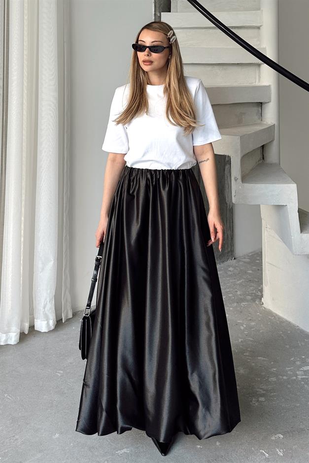 Elastic Waist Balloon Satin Skirt BLACK 7058