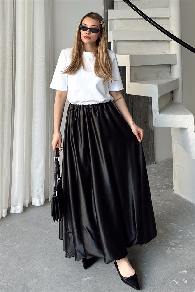 Elastic Waist Balloon Satin Skirt BLACK 7058