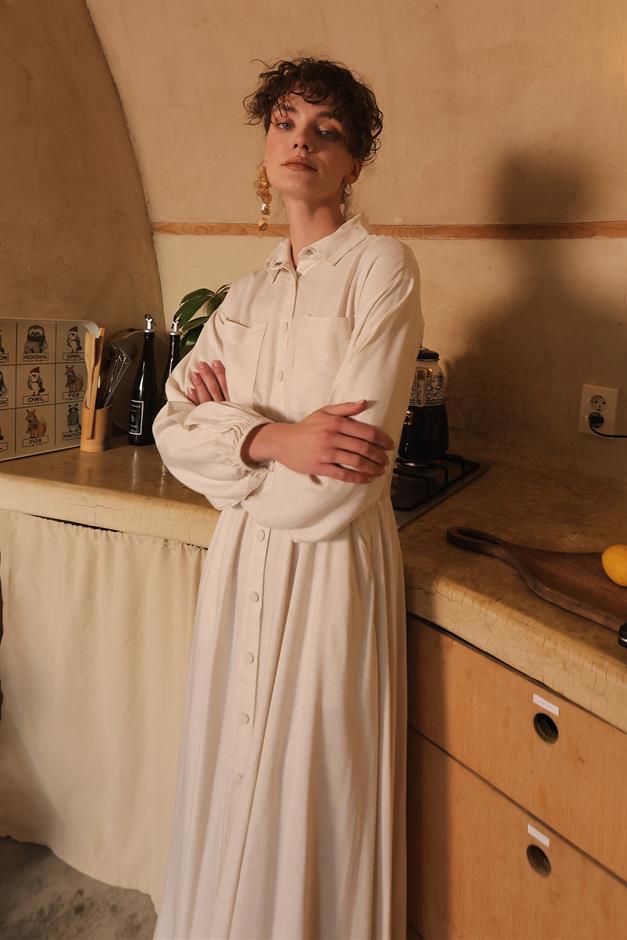 Linen Dress with Elastic Waist and Flounce Skirt IVORY 9287-E