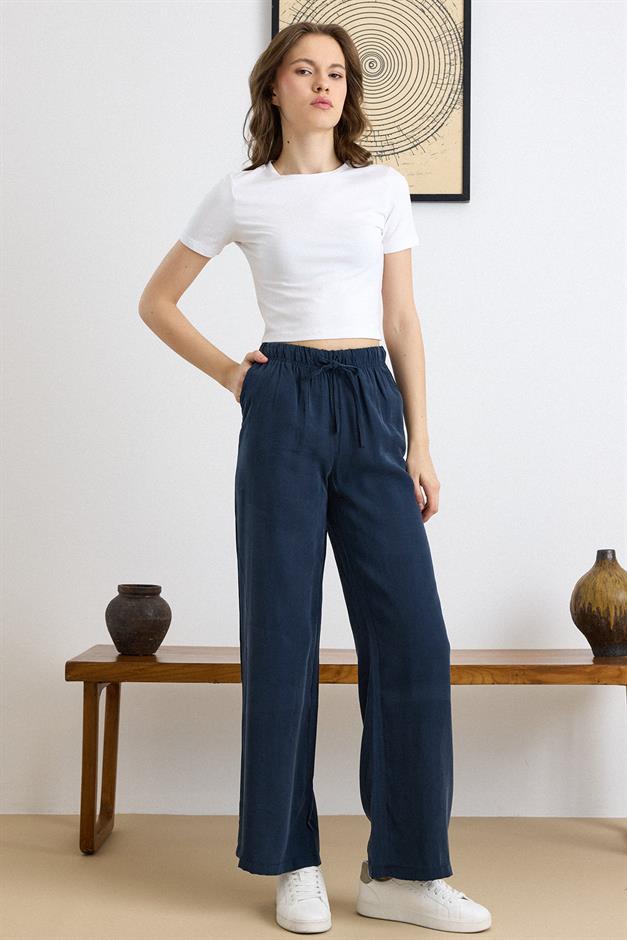 Beli Lastikli Geniş Paça Modal Pantolon LACİVERT 7588