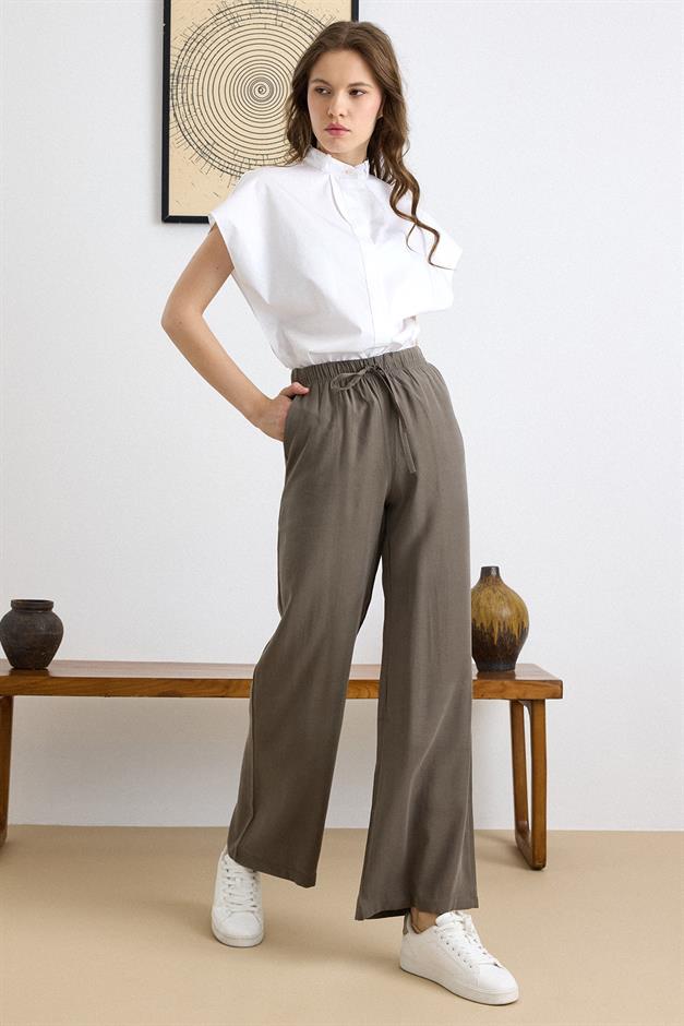 Beli Lastikli Geniş Paça Modal Pantolon HAKİ 7588