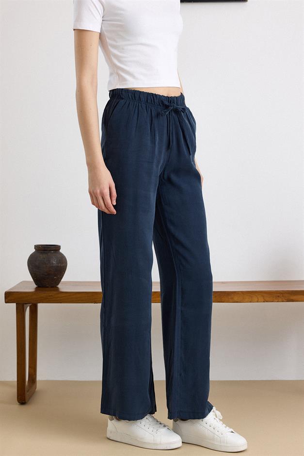 Beli Lastikli Geniş Paça Modal Pantolon LACİVERT 7588