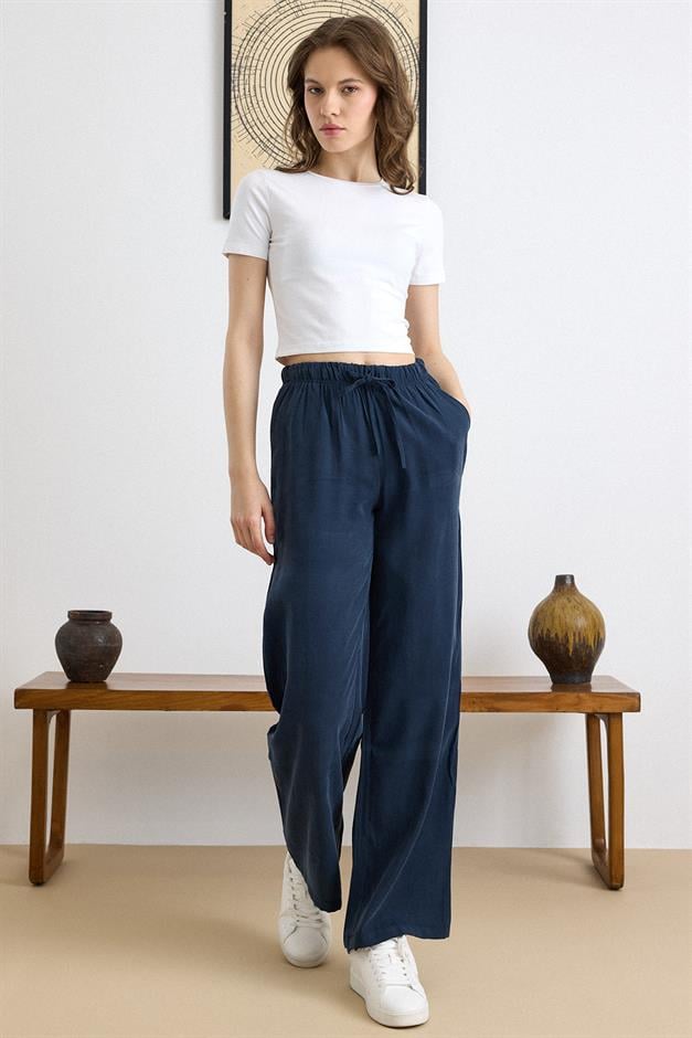 Beli Lastikli Geniş Paça Modal Pantolon LACİVERT 7588