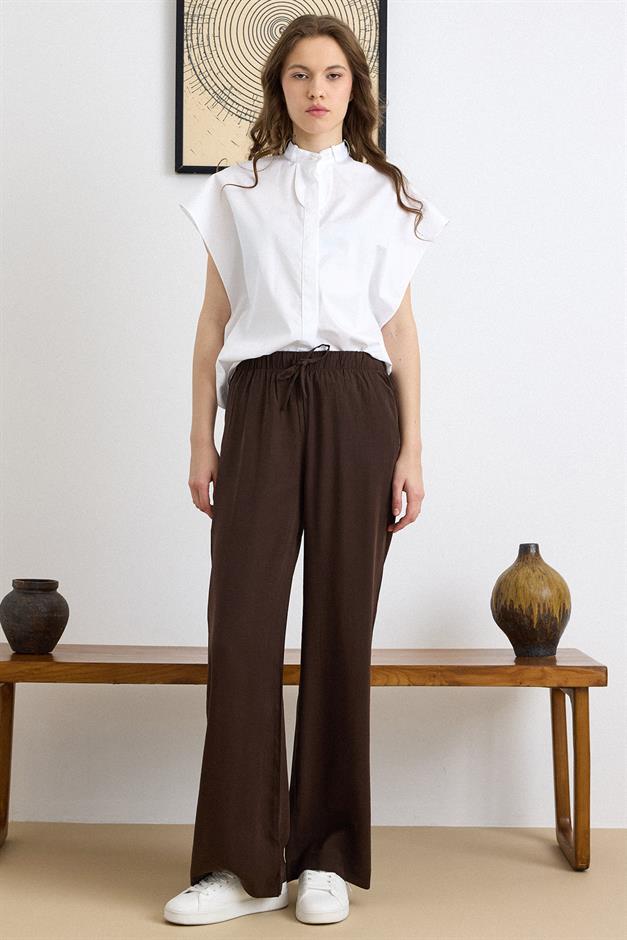 Beli Lastikli Geniş Paça Modal Pantolon KAHVE 7588