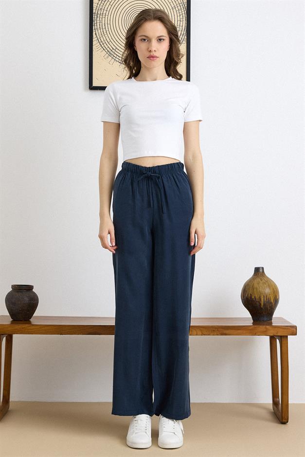 Beli Lastikli Geniş Paça Modal Pantolon LACİVERT 7588