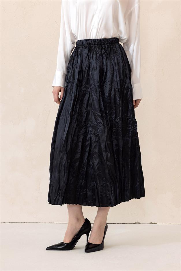 Elastic Waist Crinkle Satin Skirt BLACK 7059