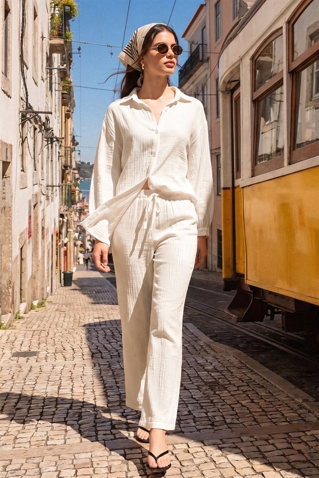 Beli Lastikli Müslin Pantolon BEYAZ 7580