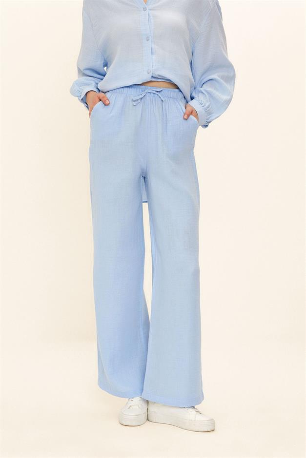 بنطلون موسلين بخصر مرن أزرق 7580