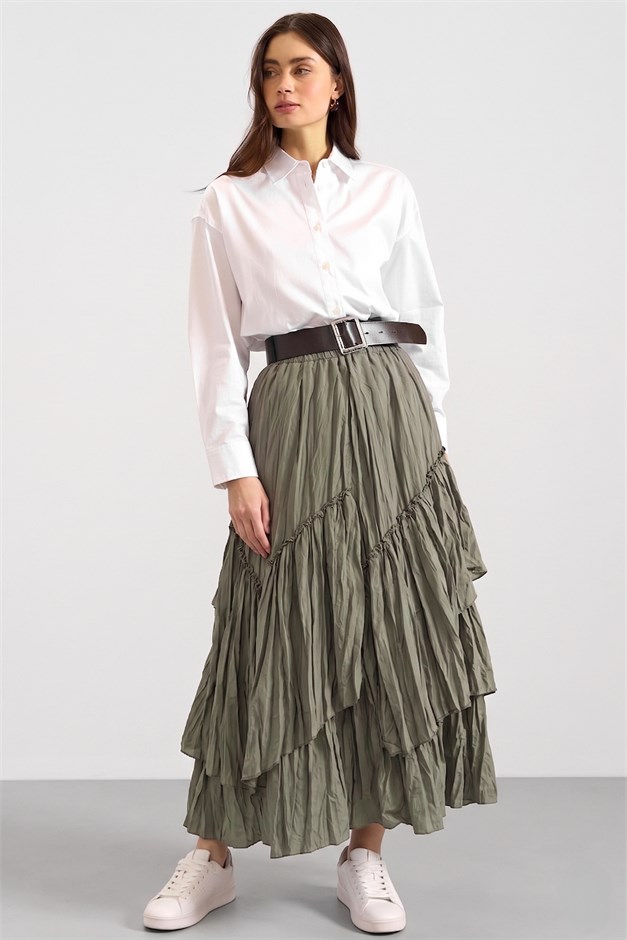 Beli Lastikli Pileli Kat Kat Etek HAKİ 7076