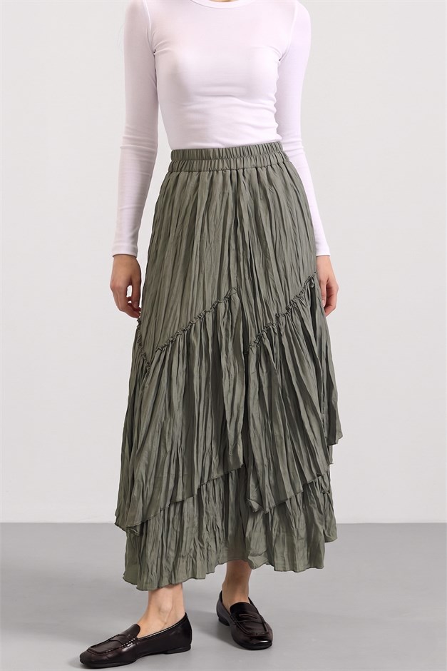 Beli Lastikli Pileli Kat Kat Etek HAKİ 7076