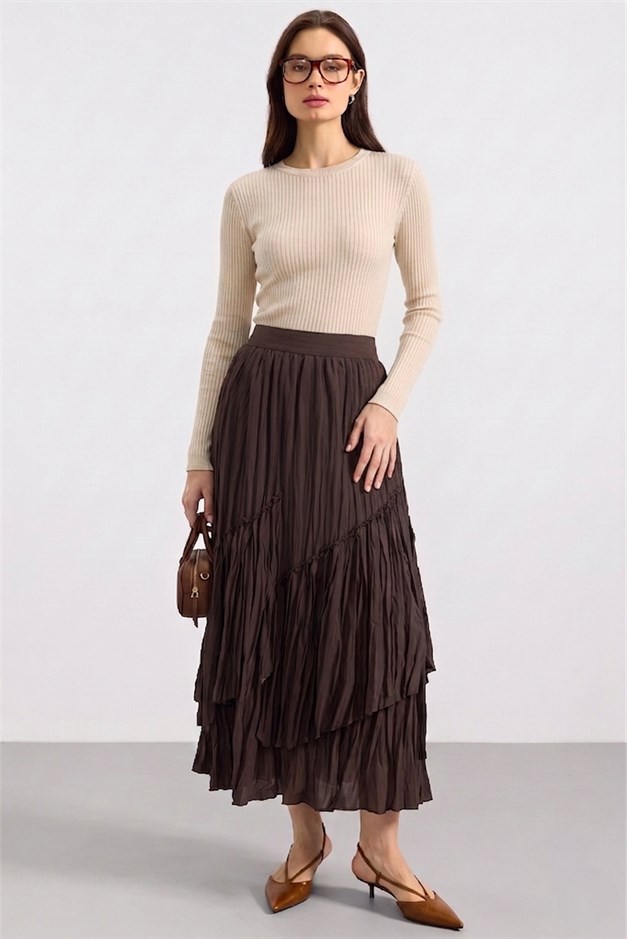 Beli Lastikli Pileli Kat Kat Etek KAHVE 7076