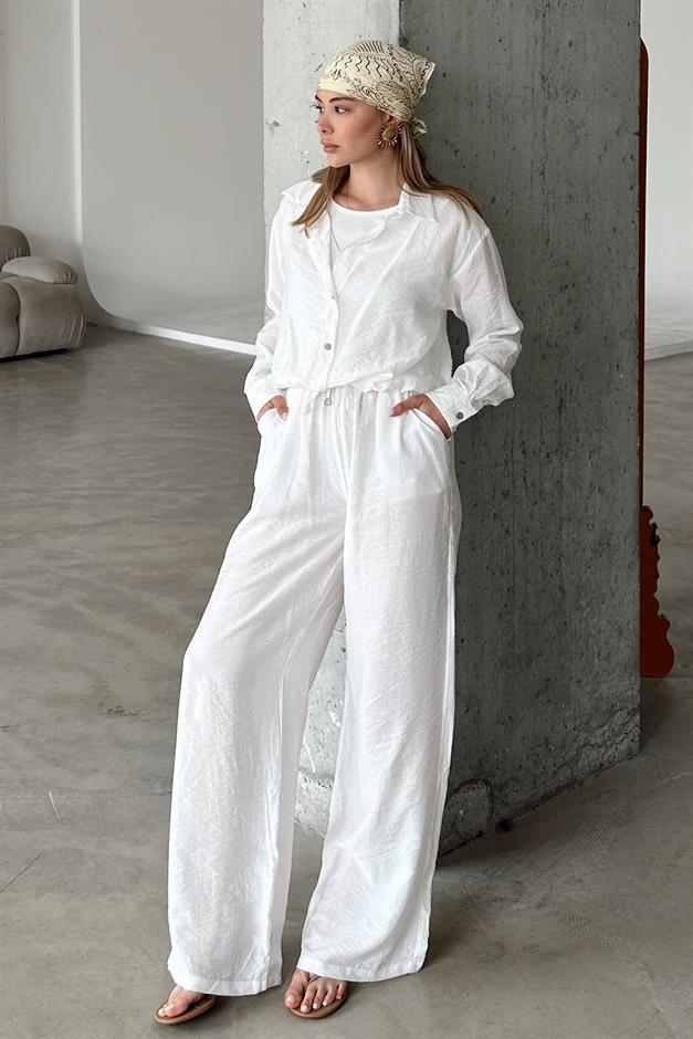 بنطال تشوروش مريح بخصر مطاطي أبيض 7583