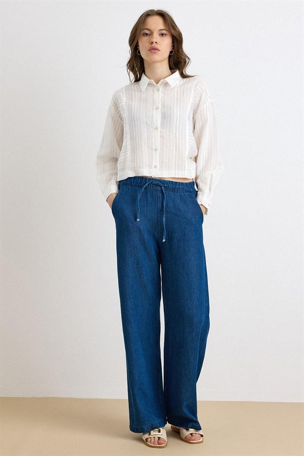 Beli Lastikli Rahat Kesim Soft Denim Pantolon KOYU MAVİ 7587