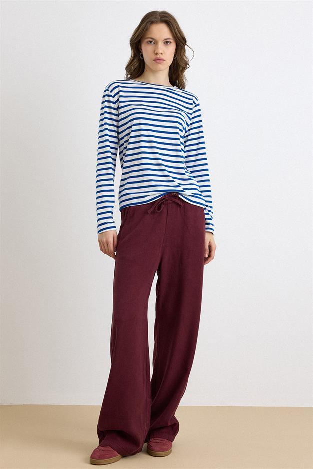 Beli Lastikli Rahat Kesim Soft Denim Pantolon BORDO 7587