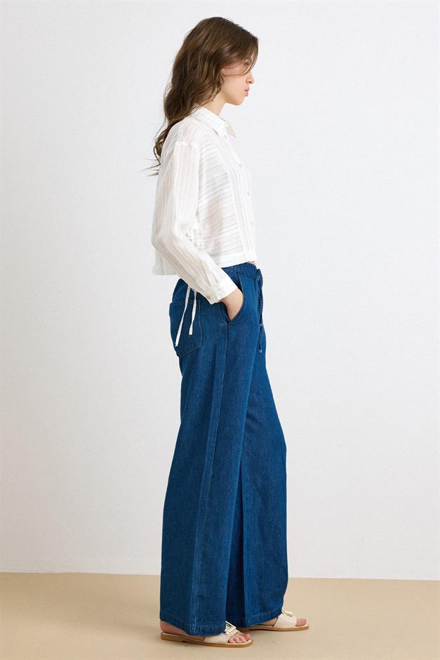 Beli Lastikli Rahat Kesim Soft Denim Pantolon KOYU MAVİ 7587