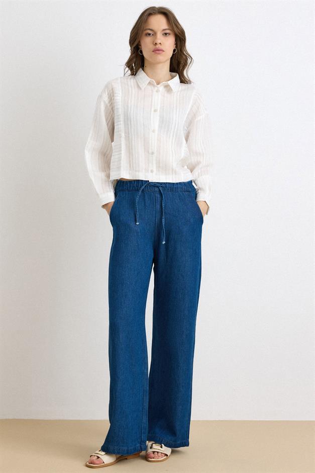 Beli Lastikli Rahat Kesim Soft Denim Pantolon KOYU MAVİ 7587